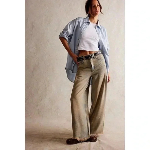 NWT Free People Old West Slouchy Jeans Wide Leg Denim We The Free Blue Tan 28 - Picture 17 of 17